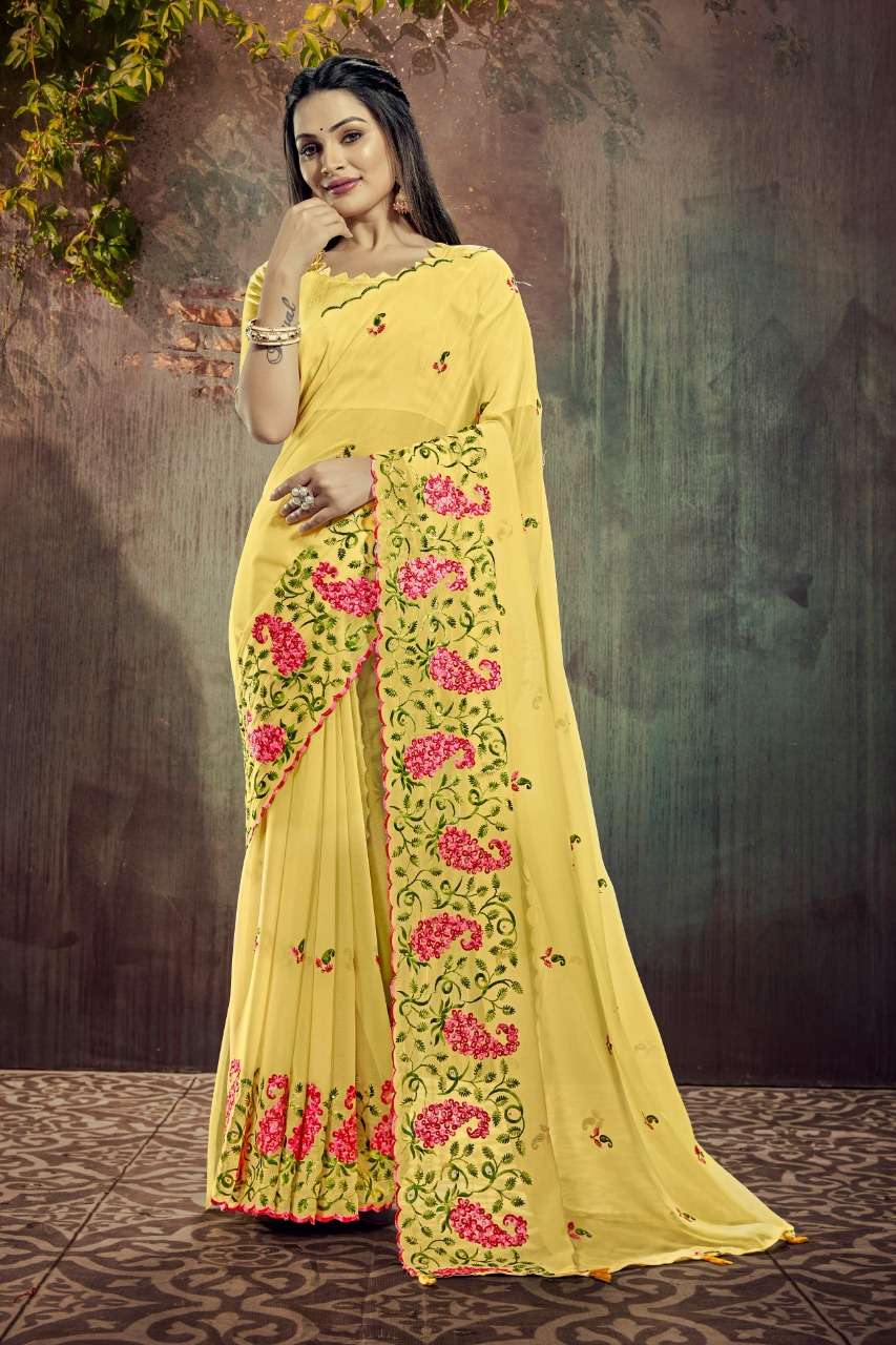 PRISTI GEORGETTE BY YADU NANDAN FASHION 01 TO 04 SERIES INDIAN TRADITIONAL WEAR COLLECTION BEAUTIFUL STYLISH FANCY COLORFUL PARTY WEAR & OCCASIONAL WEAR GEORGETTE EMBROIDERED SAREES AT WHOLESALE PRICE