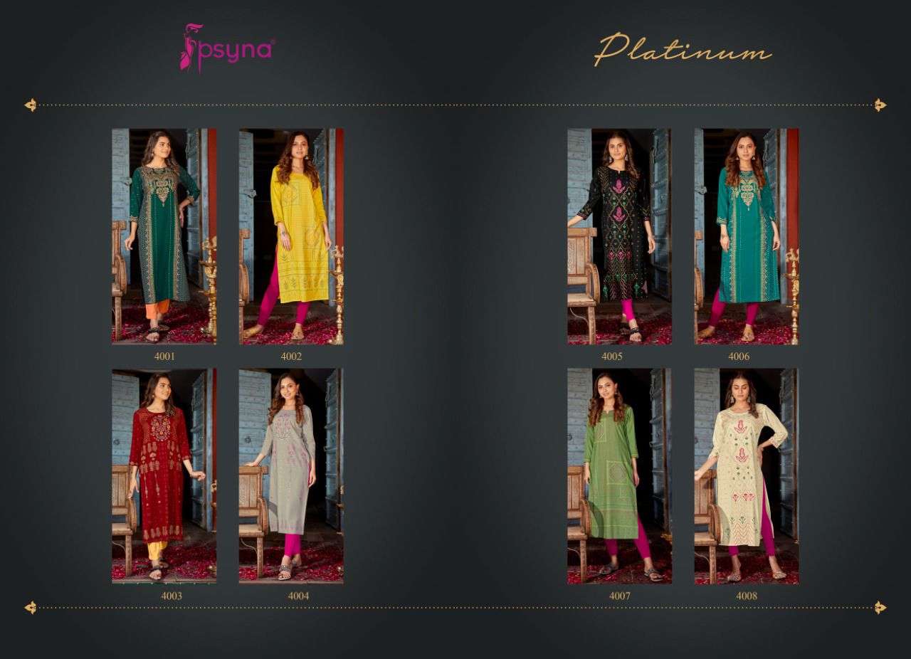 PLATINUM VOL-4 BY PSYNA 4001 TO 4008 SERIES DESIGNER STYLISH FANCY COLORFUL BEAUTIFUL PARTY WEAR & ETHNIC WEAR COLLECTION RAYON PRINT KURTIS AT WHOLESALE PRICE
