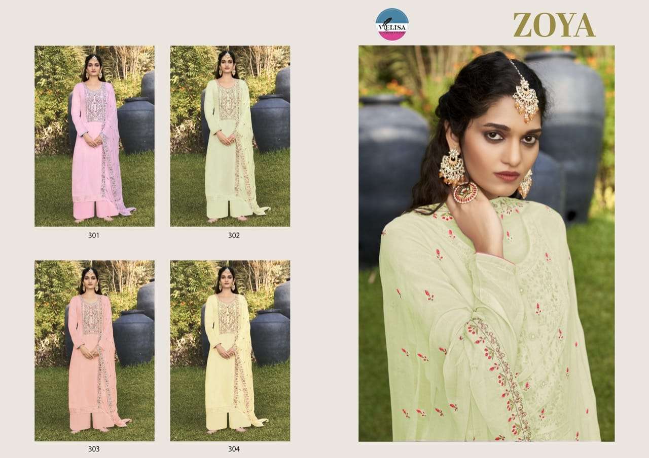 ZOYA BY VELISA 301 TO 304 SERIES BEAUTIFUL SHARARA SUITS COLORFUL STYLISH FANCY CASUAL WEAR & ETHNIC WEAR VISCOSE MUSLIN DRESSES AT WHOLESALE PRICE