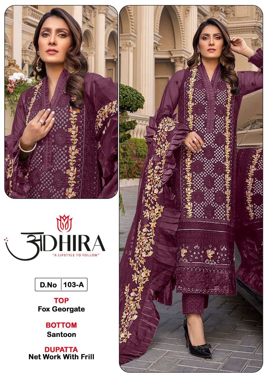 ADHIRA 103 COLOURS VOL-2 BY ADHIRA 103-A TO 103-C SERIES DESIGNER PAKISTANI SUITS BEAUTIFUL STYLISH FANCY COLORFUL PARTY WEAR & OCCASIONAL WEAR HEAVY FAUX GEORGETTE DRESSES AT WHOLESALE PRICE