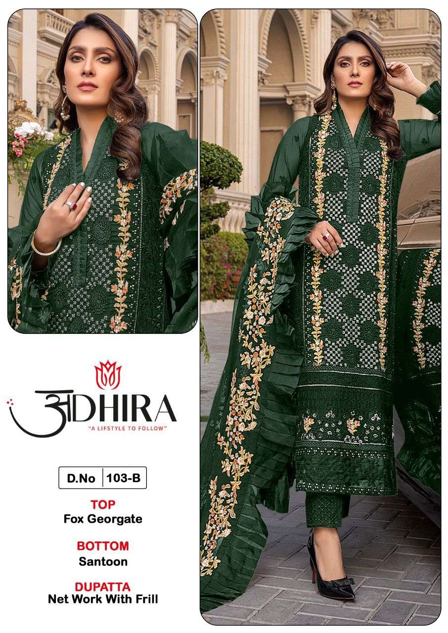 ADHIRA 103 COLOURS VOL-2 BY ADHIRA 103-A TO 103-C SERIES DESIGNER PAKISTANI SUITS BEAUTIFUL STYLISH FANCY COLORFUL PARTY WEAR & OCCASIONAL WEAR HEAVY FAUX GEORGETTE DRESSES AT WHOLESALE PRICE
