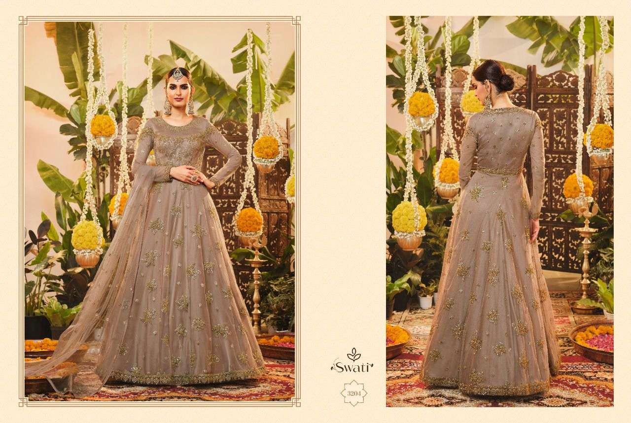 SWATI 3201 SERIES BY SWAGAT 3201 TO 3207 SERIES BEAUTIFUL STYLISH ANARKALI SUITS FANCY COLORFUL CASUAL WEAR & ETHNIC WEAR & READY TO WEAR NET DRESSES AT WHOLESALE PRICE