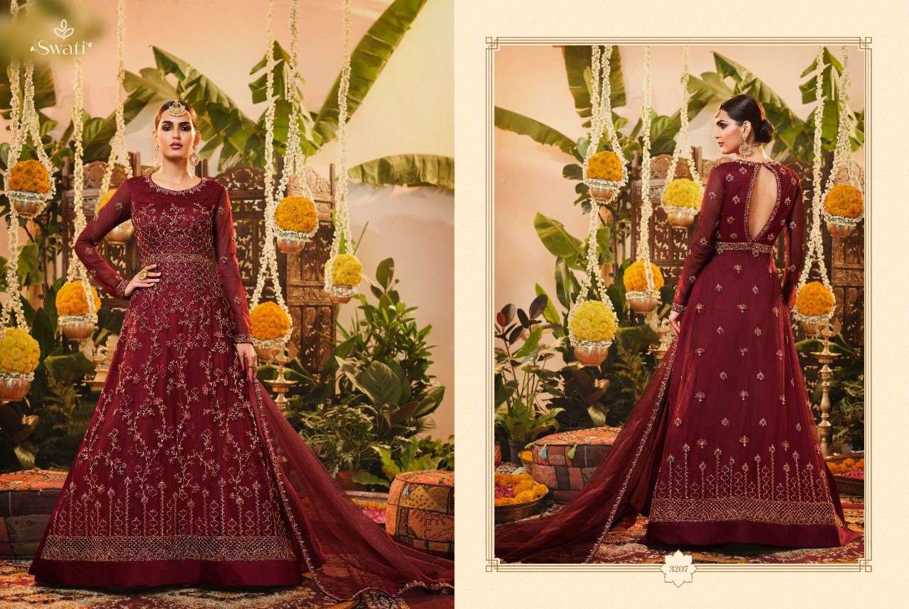 SWATI 3201 SERIES BY SWAGAT 3201 TO 3207 SERIES BEAUTIFUL STYLISH ANARKALI SUITS FANCY COLORFUL CASUAL WEAR & ETHNIC WEAR & READY TO WEAR NET DRESSES AT WHOLESALE PRICE