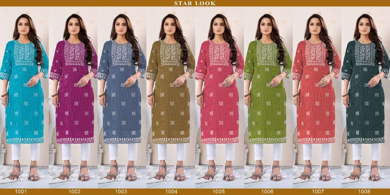 STAR LOOK BY O4U 1001 TO 1008 SERIES DESIGNER STYLISH FANCY COLORFUL BEAUTIFUL PARTY WEAR & ETHNIC WEAR COLLECTION PURE CHANDERI KURTIS AT WHOLESALE PRICE