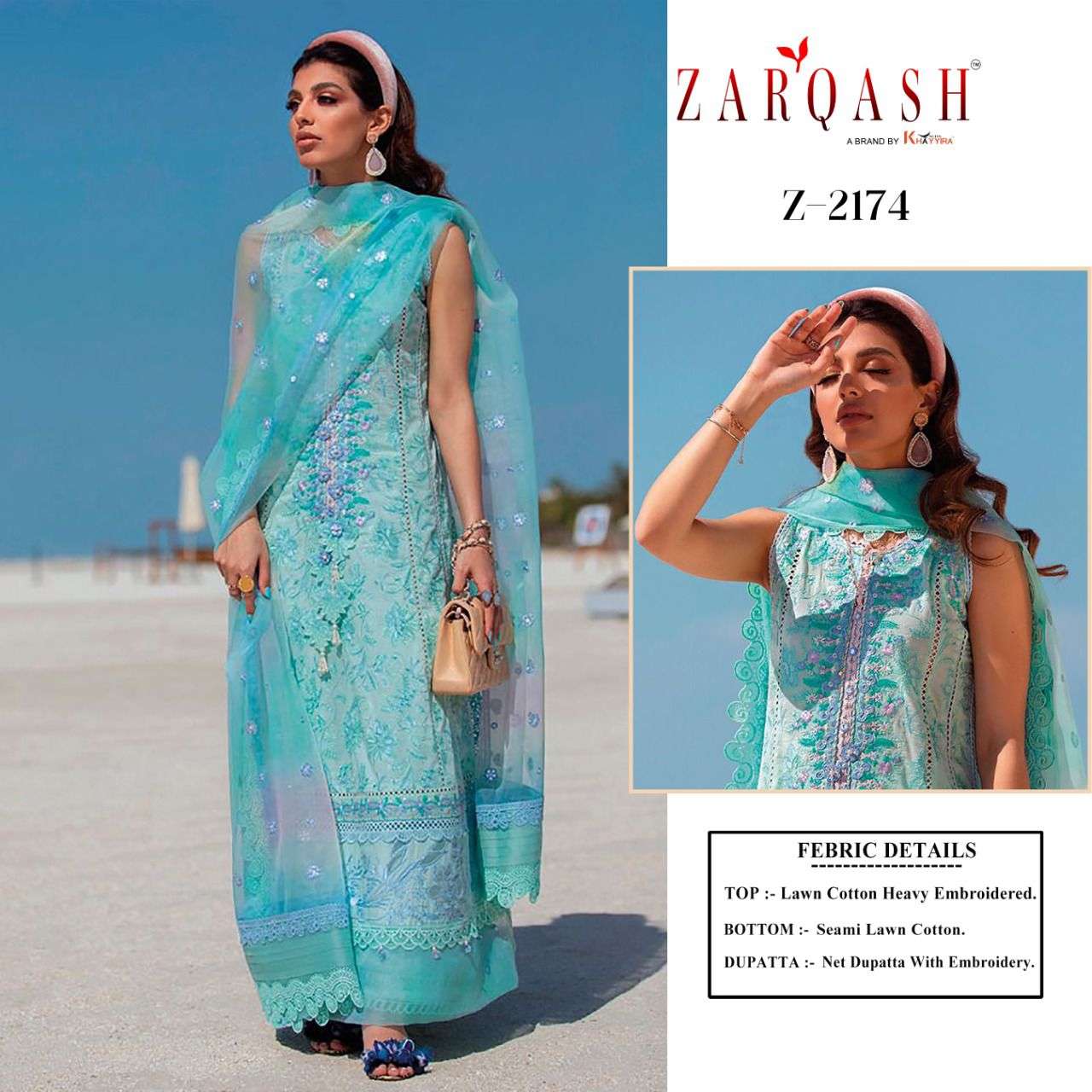 Aziz Luxury Lawn By Zarqash 2171 To 2174 Series Designer Festive Pakistani Suits Collection Beautiful Stylish Fancy Colorful Party Wear & Occasional Wear Cotton Embroidered Dresses At Wholesale Price