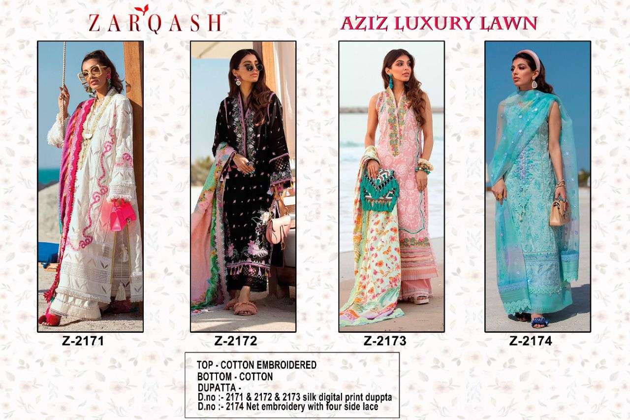 Aziz Luxury Lawn By Zarqash 2171 To 2174 Series Designer Festive Pakistani Suits Collection Beautiful Stylish Fancy Colorful Party Wear & Occasional Wear Cotton Embroidered Dresses At Wholesale Price