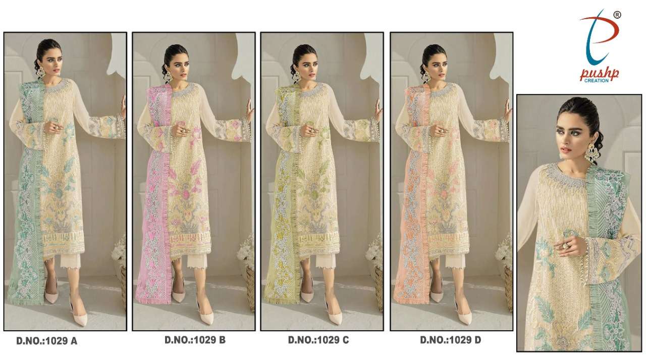 PUSHP HIT DESIGN 1029 COLOURS BY PUSHP CREATION 1029-A TO 1029-D SERIES DESIGNER PAKISTANI SUITS BEAUTIFUL STYLISH FANCY COLORFUL PARTY WEAR & OCCASIONAL WEAR NET EMBROIDERED DRESSES AT WHOLESALE PRICE