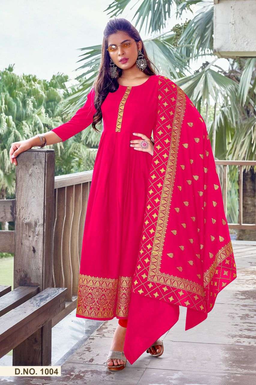 AARADHYA BY JINESH NX 1001 TO 1006 SERIES BEAUTIFUL STYLISH FANCY COLORFUL CASUAL WEAR & ETHNIC WEAR RAYON FOIL PRINT GOWNS WITH DUPATTA AT WHOLESALE PRICE
