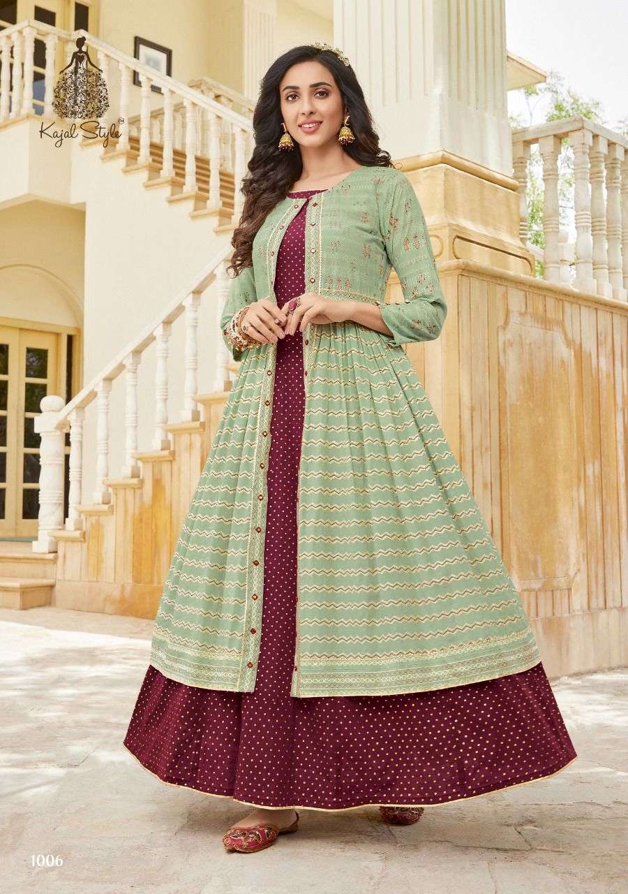 SRUG VOL-1 BY KAJAL STYLE 1001 TO 1008 SERIES BEAUTIFUL STYLISH FANCY COLORFUL CASUAL WEAR & ETHNIC WEAR COTTON PRINT GOWNS WITH SHRUG AT WHOLESALE PRICE