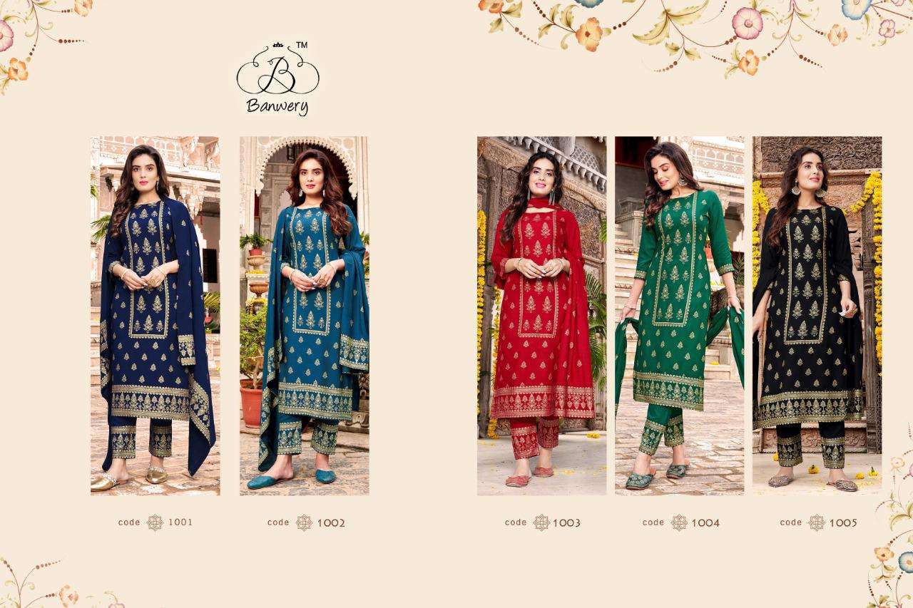 PARISHI BY BANWERY FASHION 1001 TO 1005 SERIES BEAUTIFUL SUITS COLORFUL STYLISH FANCY CASUAL WEAR & ETHNIC WEAR RAYON FOIL PRINT DRESSES AT WHOLESALE PRICE