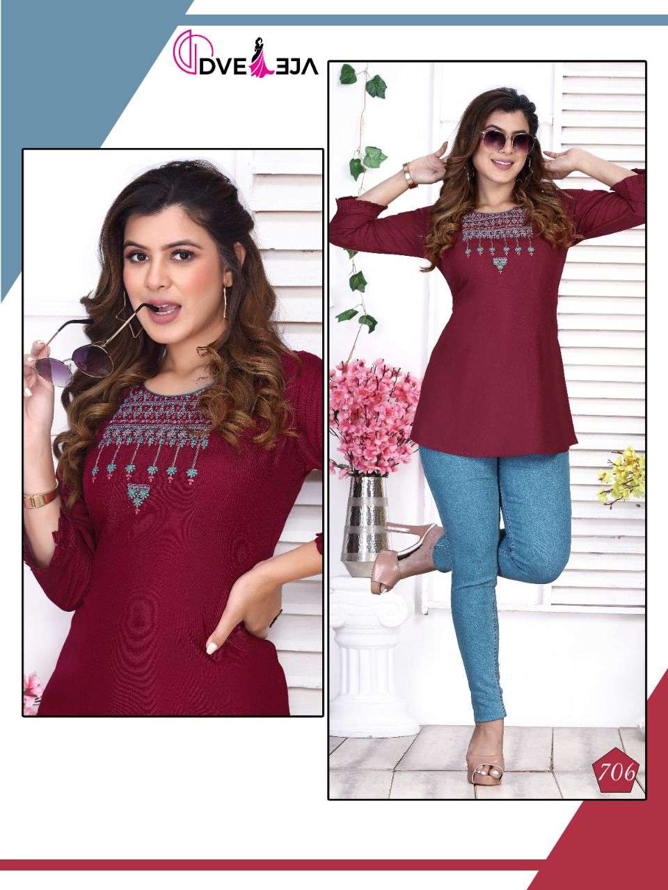 JENNIFER BY DVEEJA 701 TO 706 SERIES BEAUTIFUL STYLISH FANCY COLORFUL CASUAL WEAR & ETHNIC WEAR HEAVY RAYON EMBROIDERED TOPS AT WHOLESALE PRICE