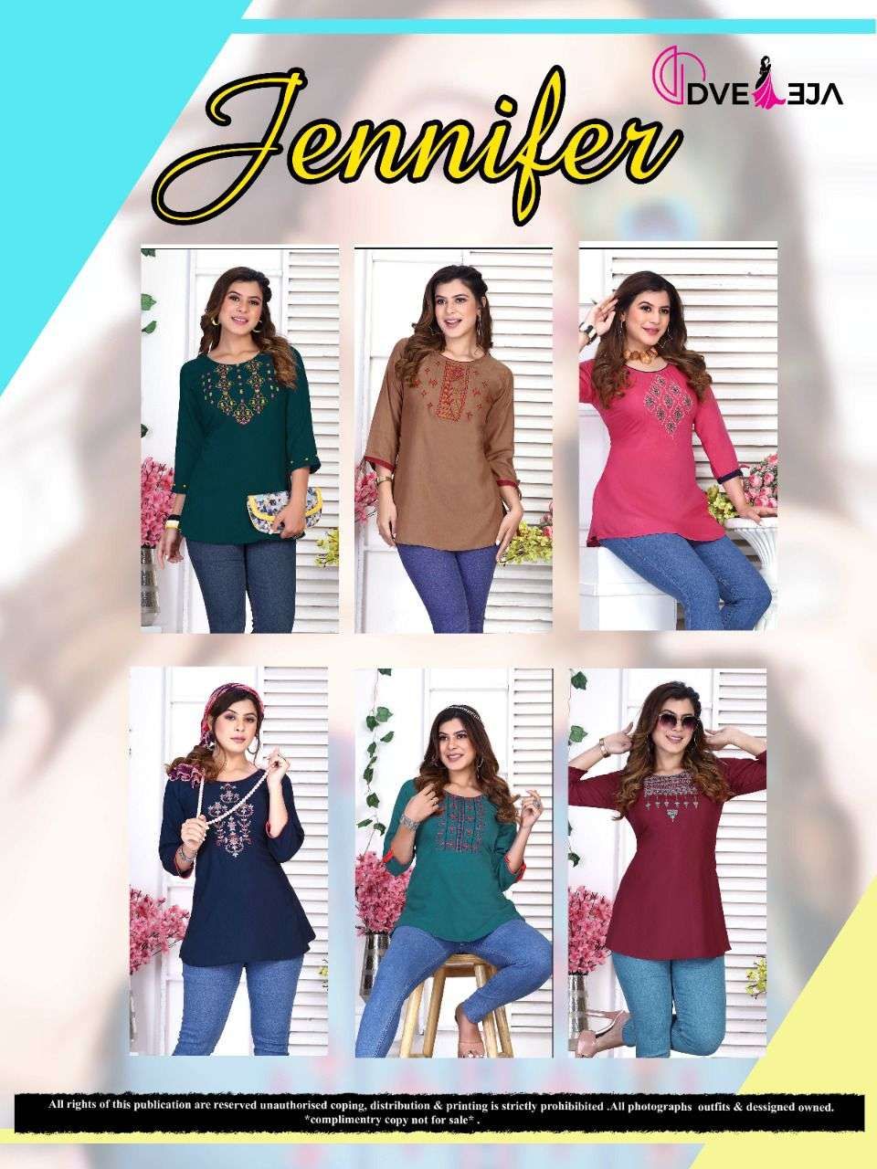 JENNIFER BY DVEEJA 701 TO 706 SERIES BEAUTIFUL STYLISH FANCY COLORFUL CASUAL WEAR & ETHNIC WEAR HEAVY RAYON EMBROIDERED TOPS AT WHOLESALE PRICE