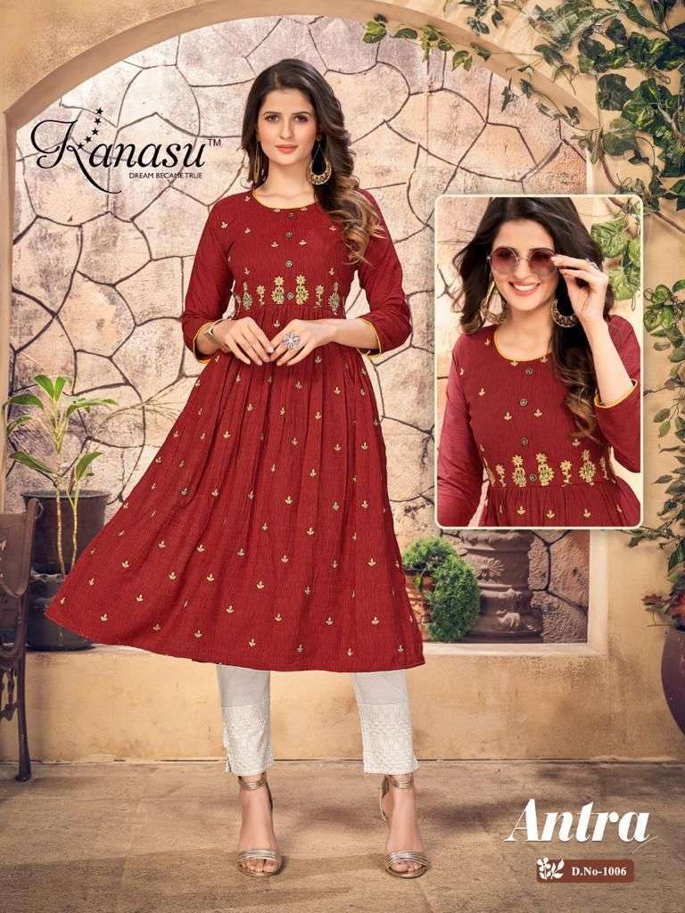 ANTRA BY KANASU 1001 TO 1008 SERIES DESIGNER STYLISH FANCY COLORFUL BEAUTIFUL PARTY WEAR & ETHNIC WEAR COLLECTION PURE RAYON KURTIS AT WHOLESALE PRICE