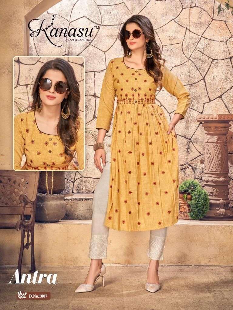 ANTRA BY KANASU 1001 TO 1008 SERIES DESIGNER STYLISH FANCY COLORFUL BEAUTIFUL PARTY WEAR & ETHNIC WEAR COLLECTION PURE RAYON KURTIS AT WHOLESALE PRICE