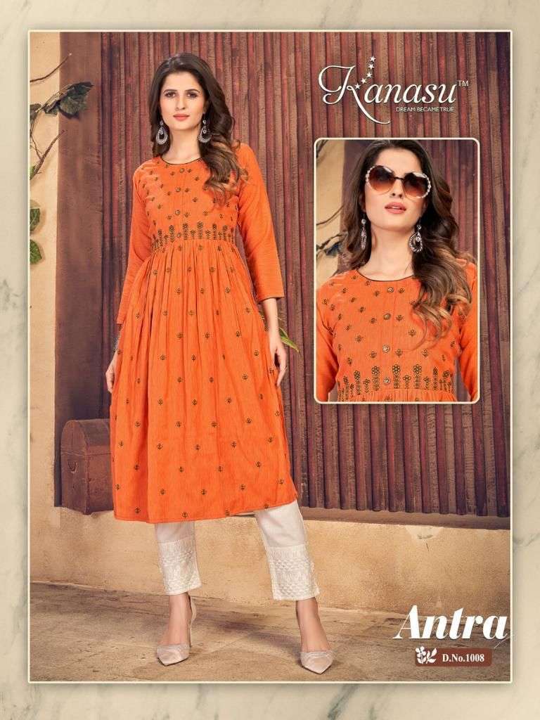 ANTRA BY KANASU 1001 TO 1008 SERIES DESIGNER STYLISH FANCY COLORFUL BEAUTIFUL PARTY WEAR & ETHNIC WEAR COLLECTION PURE RAYON KURTIS AT WHOLESALE PRICE