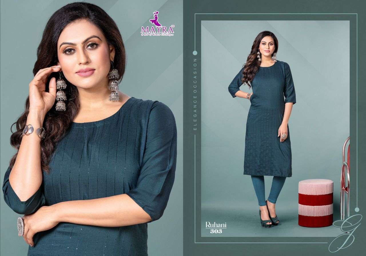 RUHANI BY MAYRA 301 TO 308 SERIES DESIGNER STYLISH FANCY COLORFUL BEAUTIFUL PARTY WEAR & ETHNIC WEAR COLLECTION CHINNON SILK KURTIS AT WHOLESALE PRICE