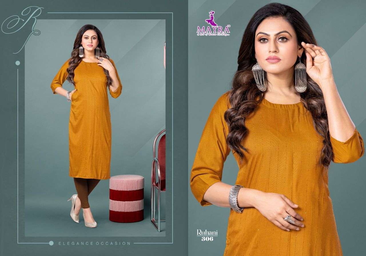 RUHANI BY MAYRA 301 TO 308 SERIES DESIGNER STYLISH FANCY COLORFUL BEAUTIFUL PARTY WEAR & ETHNIC WEAR COLLECTION CHINNON SILK KURTIS AT WHOLESALE PRICE