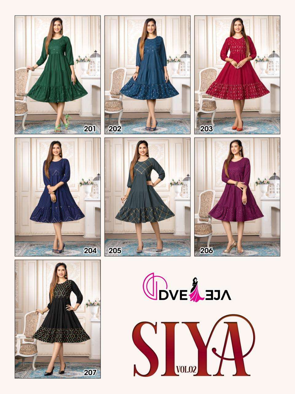 SIYA VOL-2 BY DVEEJA 201 TO 207 SERIES DESIGNER STYLISH FANCY COLORFUL BEAUTIFUL PARTY WEAR & ETHNIC WEAR COLLECTION HEAVY RAYON KURTIS AT WHOLESALE PRICE
