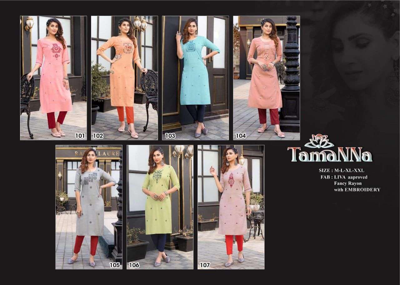 TAMANNA BY LIVA 101 TO 107 SERIES DESIGNER STYLISH FANCY COLORFUL BEAUTIFUL PARTY WEAR & ETHNIC WEAR COLLECTION PURE RAYON KURTIS AT WHOLESALE PRICE