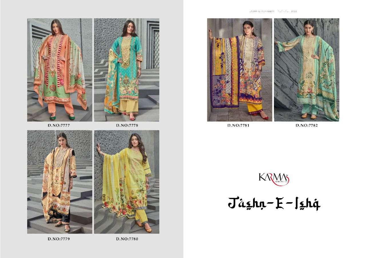 JASHN E ISHQ BY KARMA TRENDZ 7777 TO 7781 SERIES BEAUTIFUL SUITS COLORFUL STYLISH FANCY CASUAL WEAR & ETHNIC WEAR PURE JAM COTTON PRINT DRESSES AT WHOLESALE PRICE