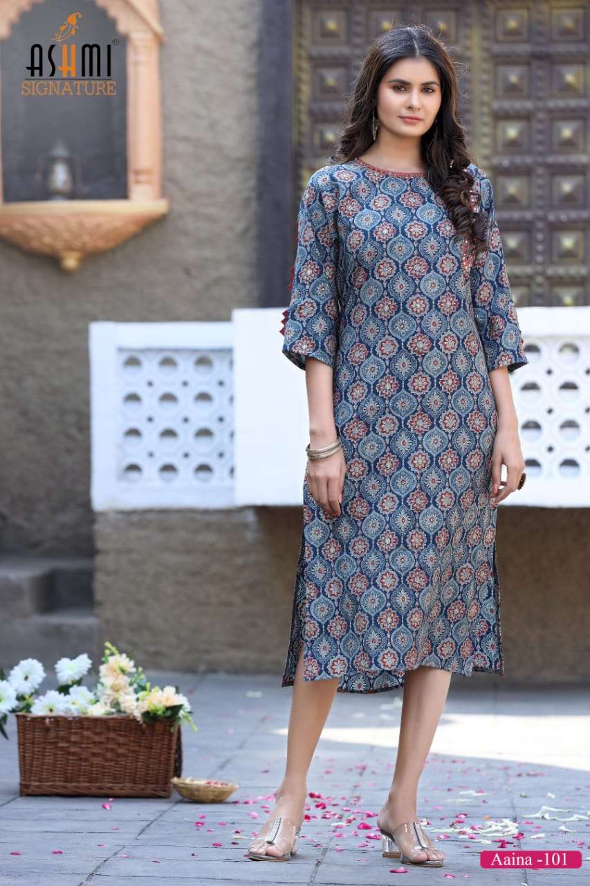 AAINA BY ASHMI 101 TO 108 SERIES DESIGNER STYLISH FANCY COLORFUL BEAUTIFUL PARTY WEAR & ETHNIC WEAR COLLECTION VISCOSE CHANDERI KURTIS AT WHOLESALE PRICE