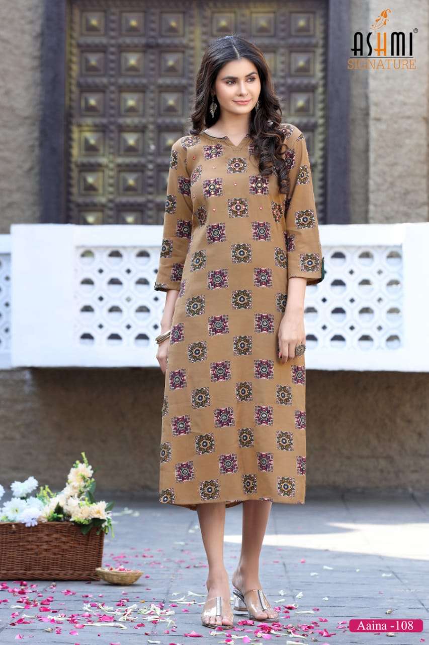 AAINA BY ASHMI 101 TO 108 SERIES DESIGNER STYLISH FANCY COLORFUL BEAUTIFUL PARTY WEAR & ETHNIC WEAR COLLECTION VISCOSE CHANDERI KURTIS AT WHOLESALE PRICE