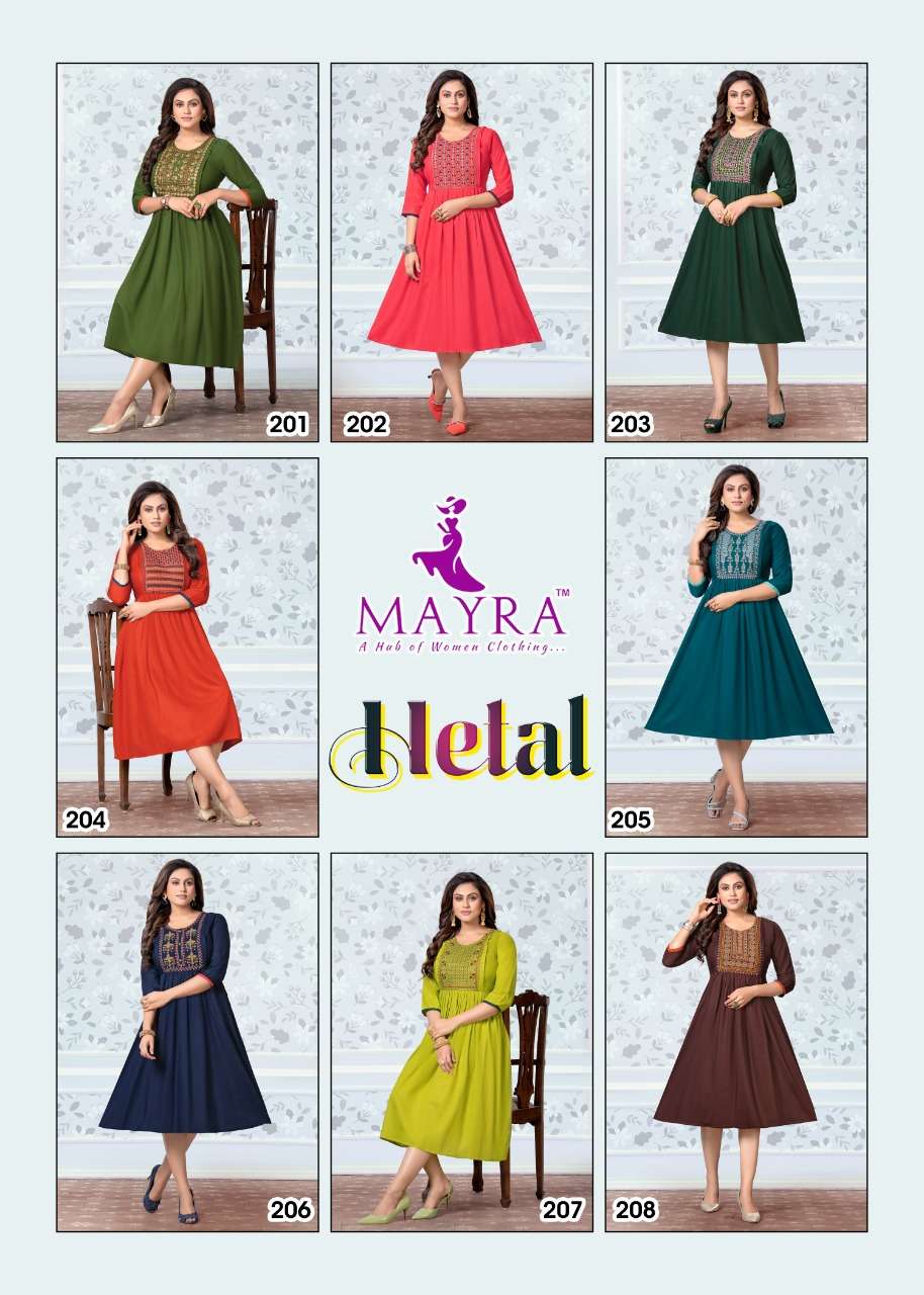 HETAL BY MAYRA 201 TO 208 SERIES DESIGNER STYLISH FANCY COLORFUL BEAUTIFUL PARTY WEAR & ETHNIC WEAR COLLECTION RAYON KURTIS AT WHOLESALE PRICE