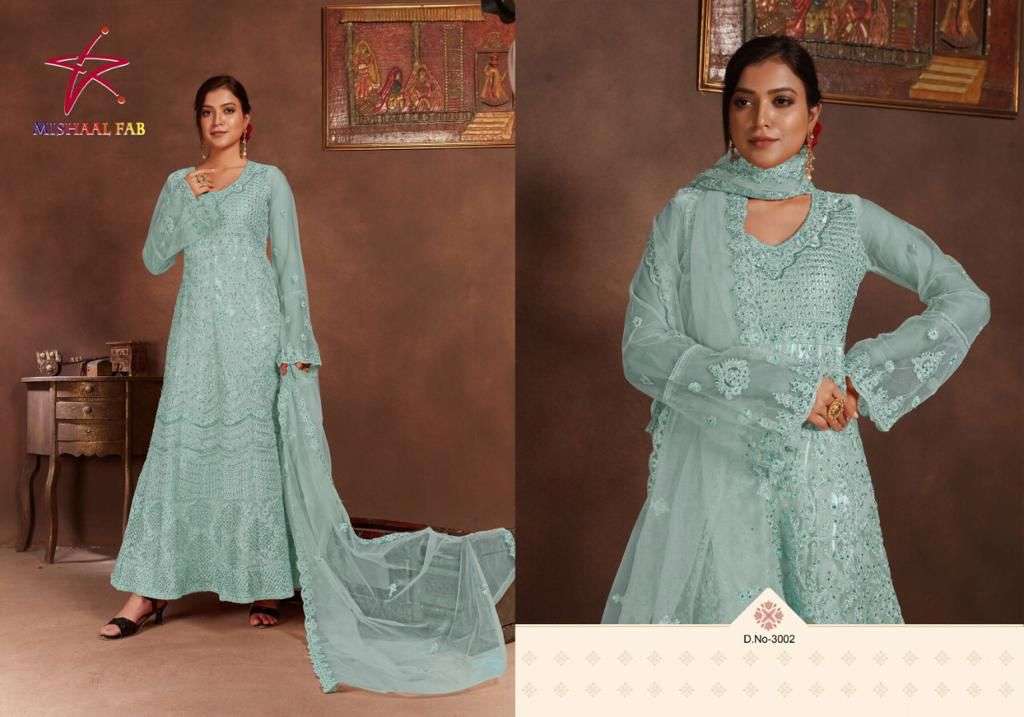 Mishaal 3001 Series By Mishaal Fab 3001 To 3004 Series Beautiful Pakistani Suits Stylish Colorful Fancy Casual Wear & Ethnic Wear Net Embroidered Dresses At Wholesale Price