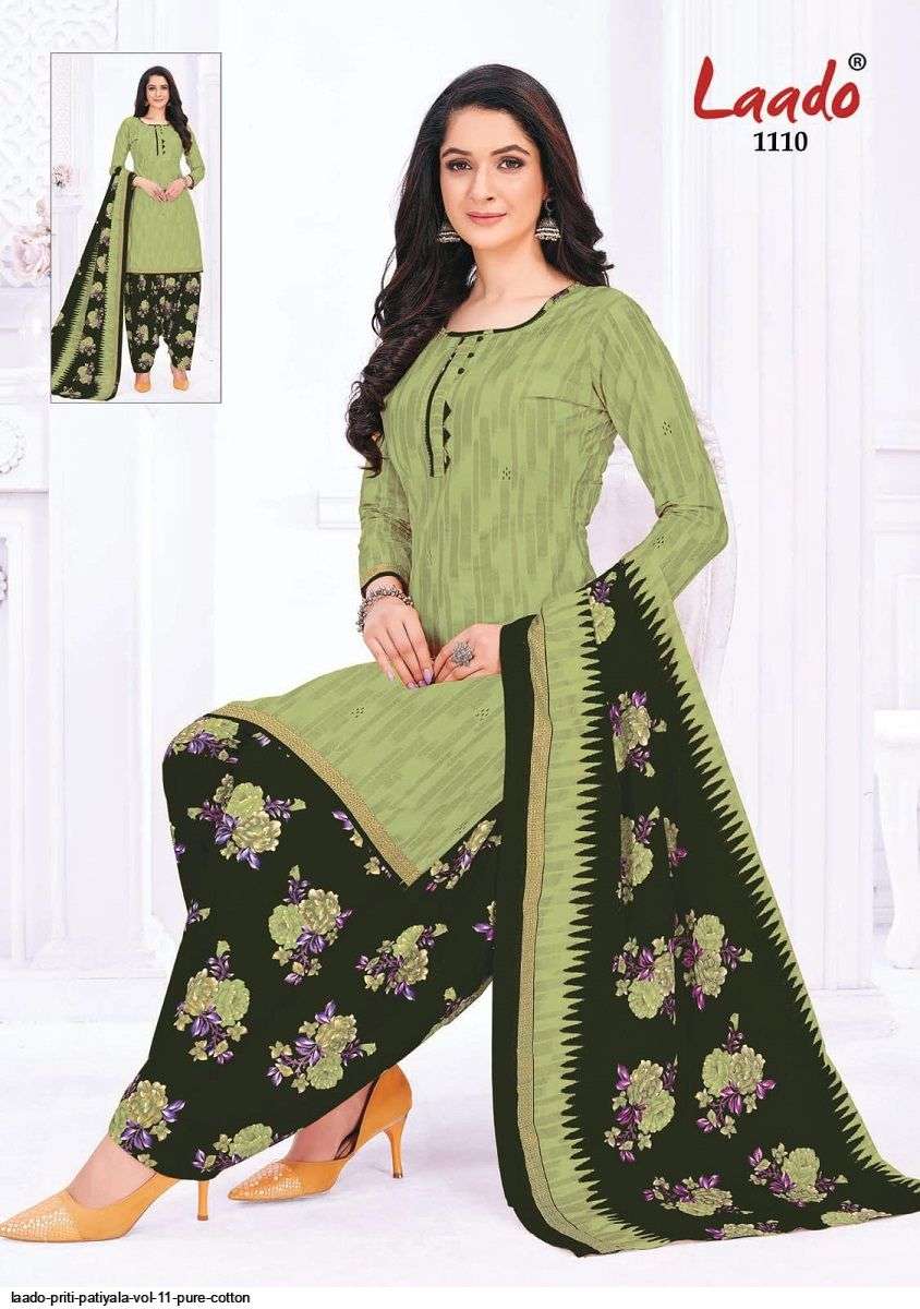 PRITI PATIALA VOL-11 BY LAADO 1101 TO 1120 SERIES BEAUTIFUL SUITS STYLISH FANCY COLORFUL PARTY WEAR & OCCASIONAL WEAR COTTON PRINTED DRESSES AT WHOLESALE PRICE