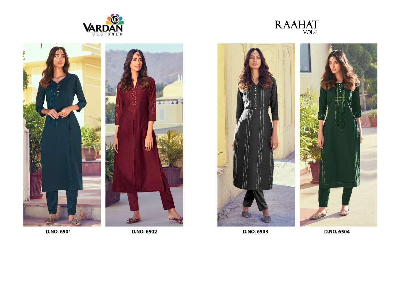 Raahat Vol-1 By Vardan Designer 6501 To 6504 Series Designer Stylish Fancy Colorful Beautiful Party Wear & Ethnic Wear Collection Silk With Work Kurtis With Bottom At Wholesale Price