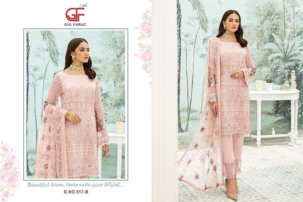 GUL FARAZ 517 COLOURS BY GUL FARAZ 517-A TO 517-D SERIES BEAUTIFUL PAKISTANI SUITS COLORFUL STYLISH FANCY CASUAL WEAR & ETHNIC WEAR GEORGETTE EMBROIDERED DRESSES AT WHOLESALE PRICE