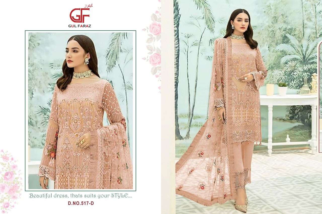 GUL FARAZ 517 COLOURS BY GUL FARAZ 517-A TO 517-D SERIES BEAUTIFUL PAKISTANI SUITS COLORFUL STYLISH FANCY CASUAL WEAR & ETHNIC WEAR GEORGETTE EMBROIDERED DRESSES AT WHOLESALE PRICE