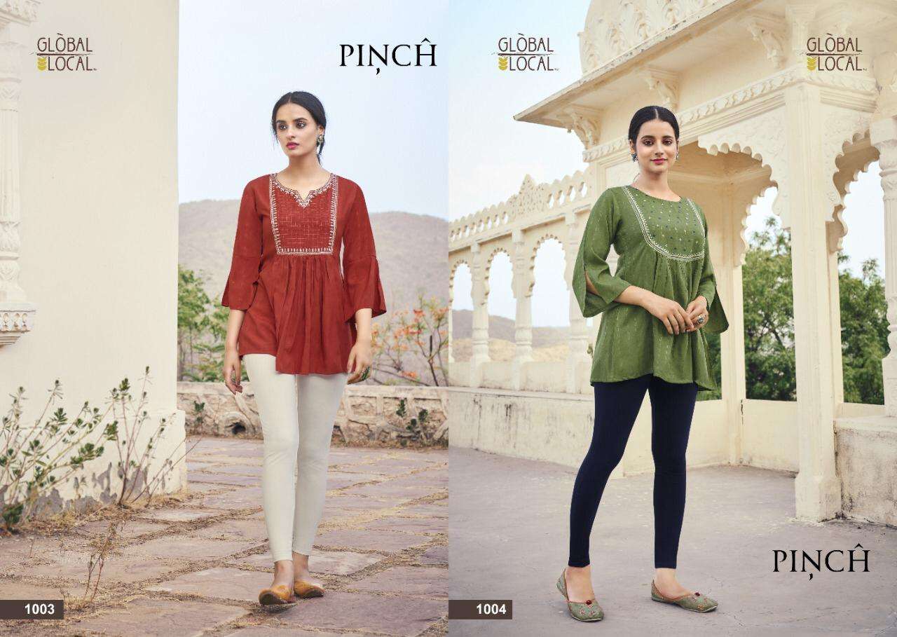 PINCH BY GLOBAL LOCAL 1001 TO 1004 SERIES BEAUTIFUL STYLISH FANCY COLORFUL CASUAL WEAR & ETHNIC WEAR HEAVY RAYON EMBROIDERED TOPS AT WHOLESALE PRICE