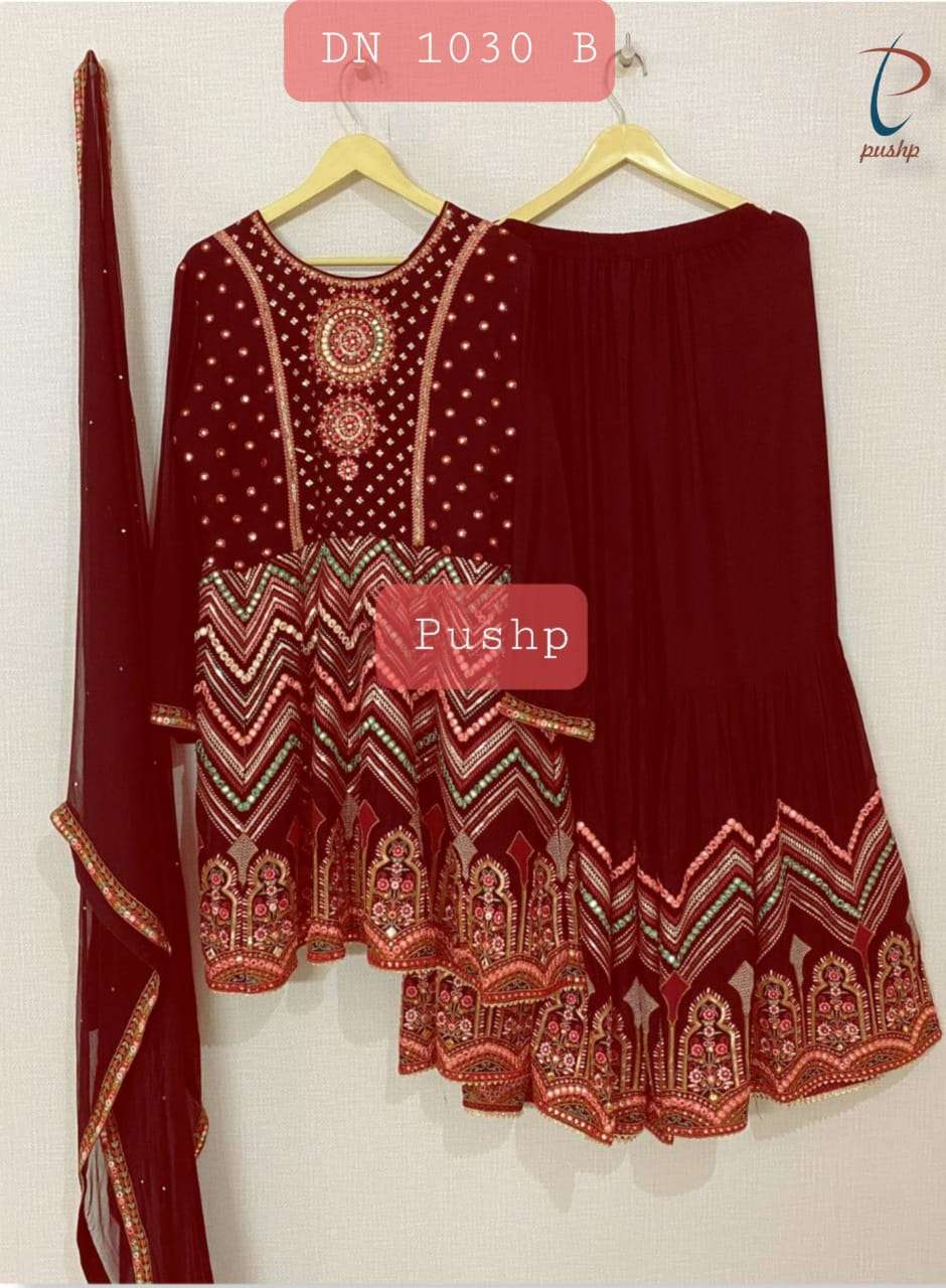 PUSHP HIT DESIGN 1030 COLOURS BY PUSHP CREATION 1030-A TO 1030-B SERIES DESIGNER PAKISTANI SUITS BEAUTIFUL STYLISH FANCY COLORFUL PARTY WEAR & OCCASIONAL WEAR PURE GEORGETTE EMBROIDERED DRESSES AT WHOLESALE PRICE