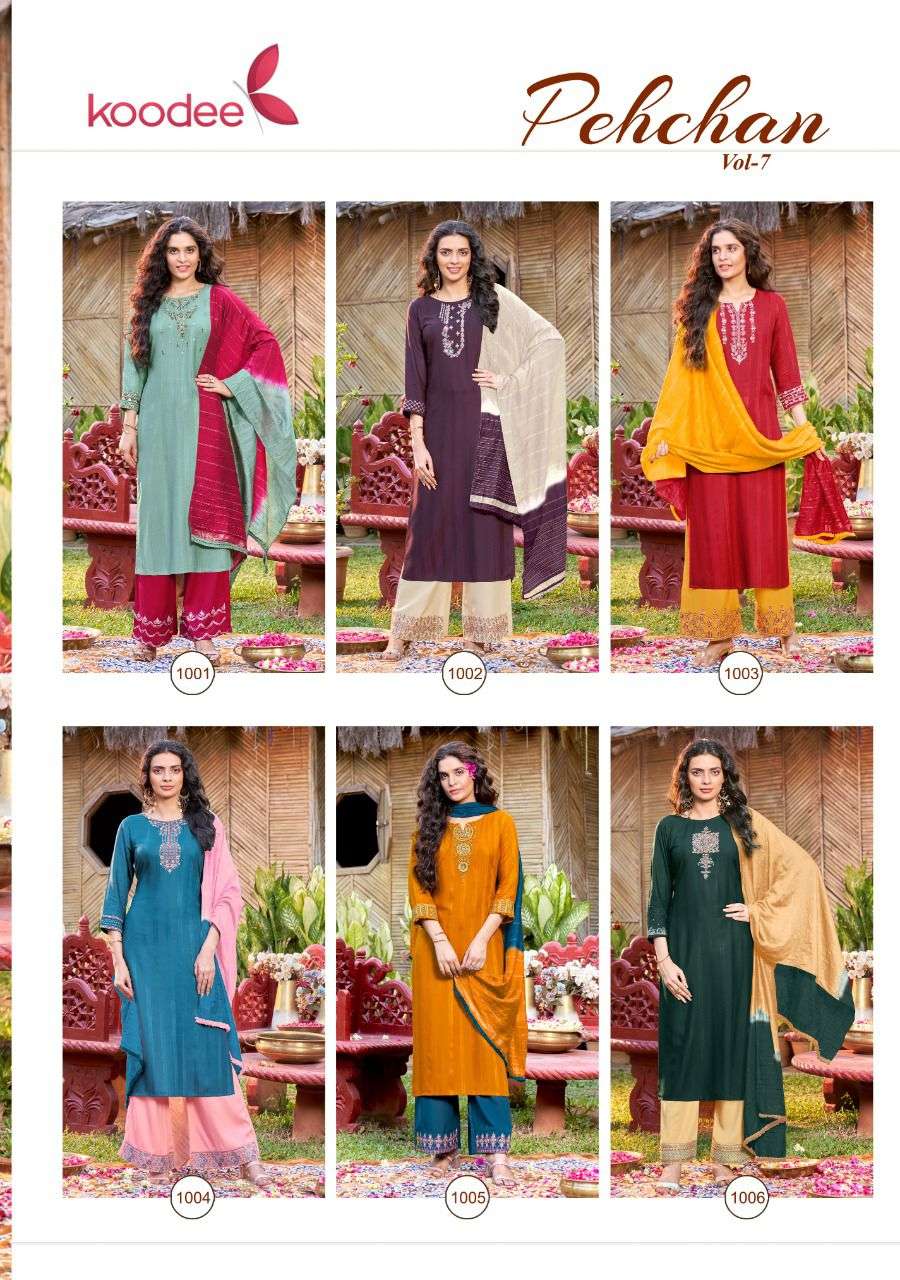 PEHCHAN VOL-7 BY KOODEE 1001 TO 1006 SERIES BEAUTIFUL SUITS COLORFUL STYLISH FANCY CASUAL WEAR & ETHNIC WEAR VISCOSE WITH WORK DRESSES AT WHOLESALE PRICE