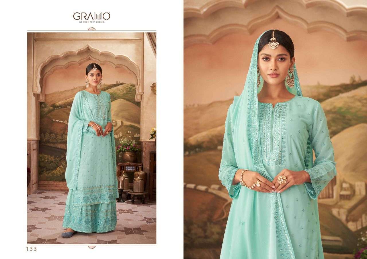 NAVABI VOL-5 BY GRAMO 132 TO 135 SERIES BEAUTIFUL STYLISH SHARARA SUITS FANCY COLORFUL CASUAL WEAR & ETHNIC WEAR & READY TO WEAR HEAVY FAUX GEORGETTE EMBROIDERED DRESSES AT WHOLESALE PRICE