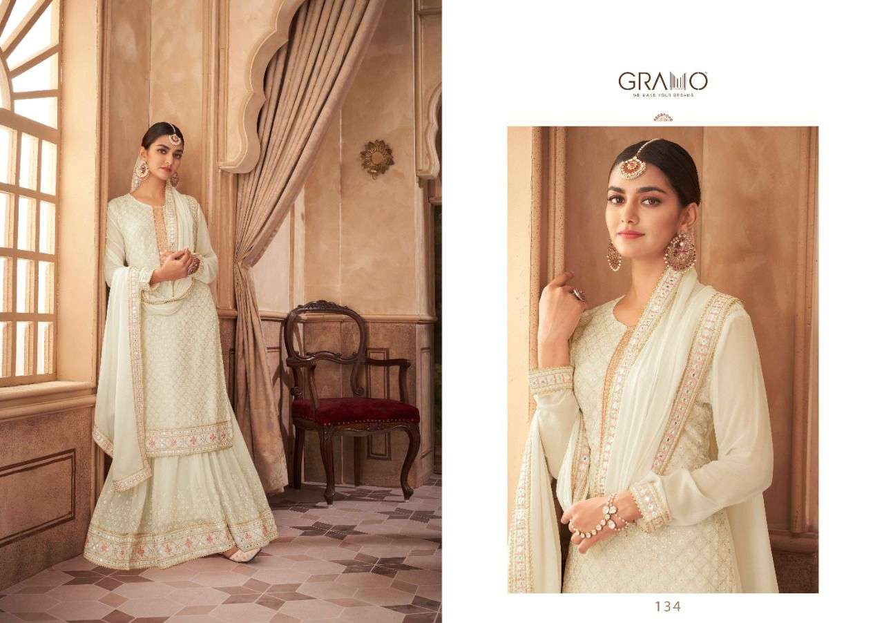 NAVABI VOL-5 BY GRAMO 132 TO 135 SERIES BEAUTIFUL STYLISH SHARARA SUITS FANCY COLORFUL CASUAL WEAR & ETHNIC WEAR & READY TO WEAR HEAVY FAUX GEORGETTE EMBROIDERED DRESSES AT WHOLESALE PRICE