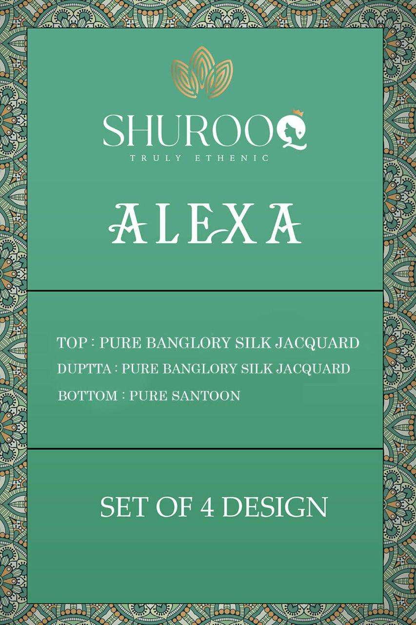 ALEXA BY SHUROOQ 1001 TO 1004 SERIES BEAUTIFUL SUITS COLORFUL STYLISH FANCY CASUAL WEAR & ETHNIC WEAR PURE BANGALORI SILK DRESSES AT WHOLESALE PRICE