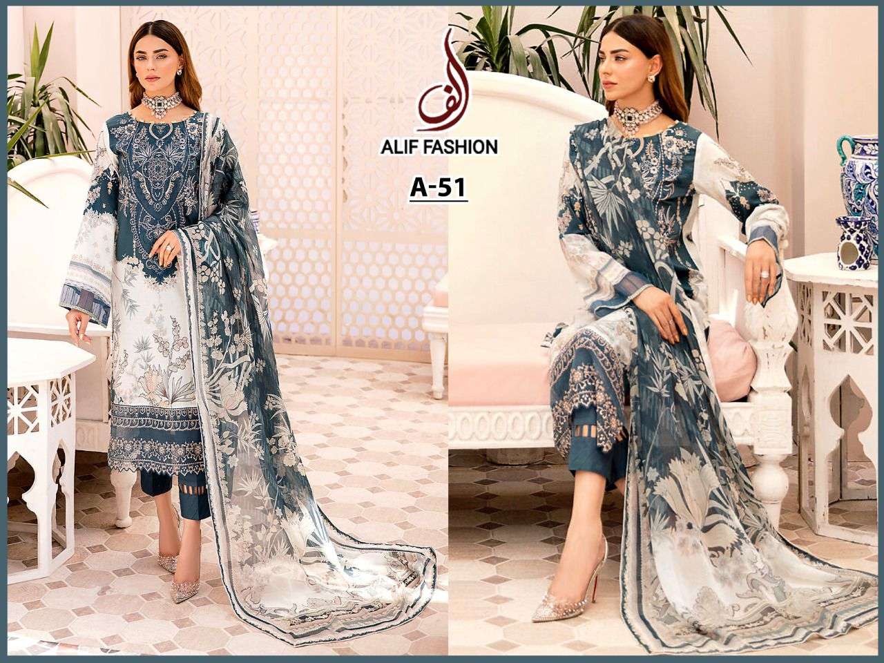 ALIF HIT DESIGN A-51 BY ALIF FASHION PAKISTANI SUITS BEAUTIFUL FANCY COLORFUL STYLISH PARTY WEAR & OCCASIONAL WEAR CAMBRIC PRINT EMBROIDERY DRESSES AT WHOLESALE PRICE
