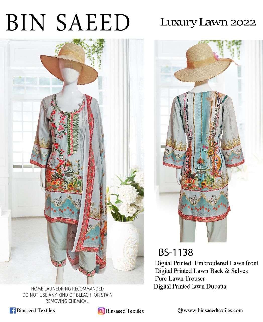 LUXURY LAWN-2022 BY BIN SAEED 1137 TO 1140 SERIES BEAUTIFUL PAKISTANI SUITS COLORFUL STYLISH FANCY CASUAL WEAR & ETHNIC WEAR LAWN DIGITAL PRINT DRESSES AT WHOLESALE PRICE