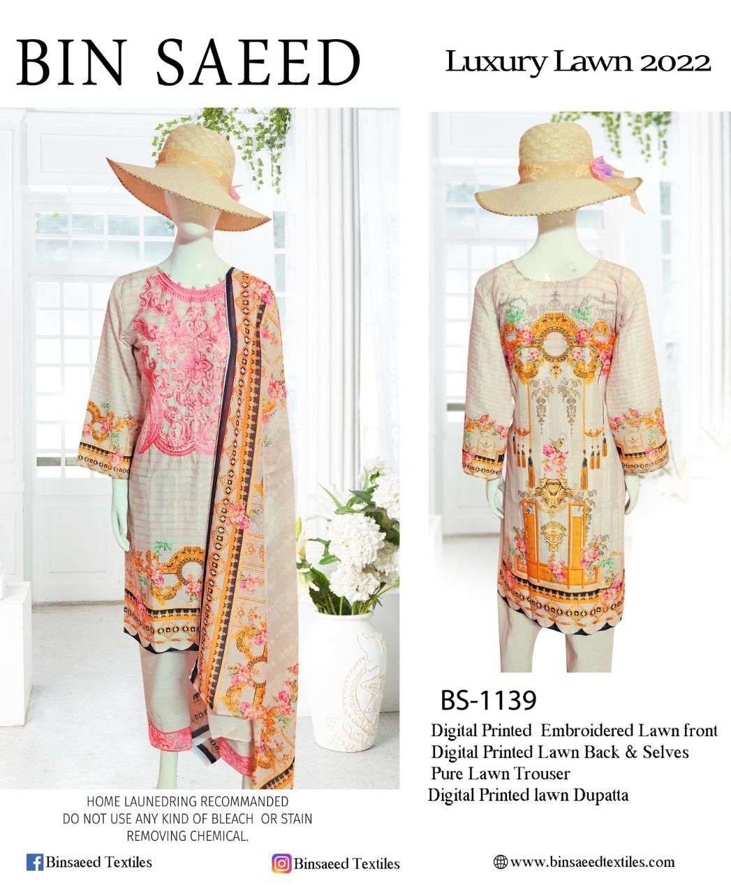 LUXURY LAWN-2022 BY BIN SAEED 1137 TO 1140 SERIES BEAUTIFUL PAKISTANI SUITS COLORFUL STYLISH FANCY CASUAL WEAR & ETHNIC WEAR LAWN DIGITAL PRINT DRESSES AT WHOLESALE PRICE