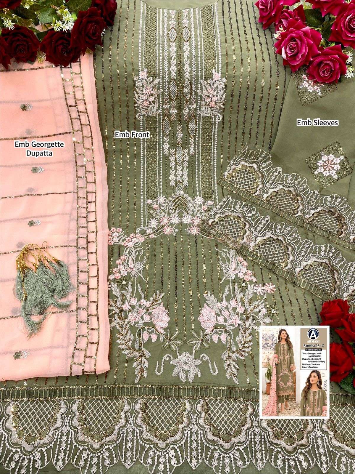 RAMSHA 17 COLOURS BY ARMANI PAKISTANI SUITS BEAUTIFUL FANCY COLORFUL STYLISH PARTY WEAR & OCCASIONAL WEAR GEORGETTE EMBROIDERY DRESSES AT WHOLESALE PRICE