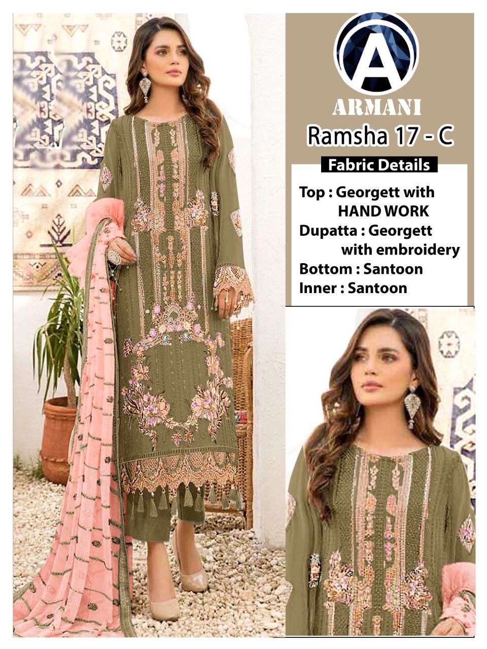 RAMSHA 17 COLOURS BY ARMANI PAKISTANI SUITS BEAUTIFUL FANCY COLORFUL STYLISH PARTY WEAR & OCCASIONAL WEAR GEORGETTE EMBROIDERY DRESSES AT WHOLESALE PRICE