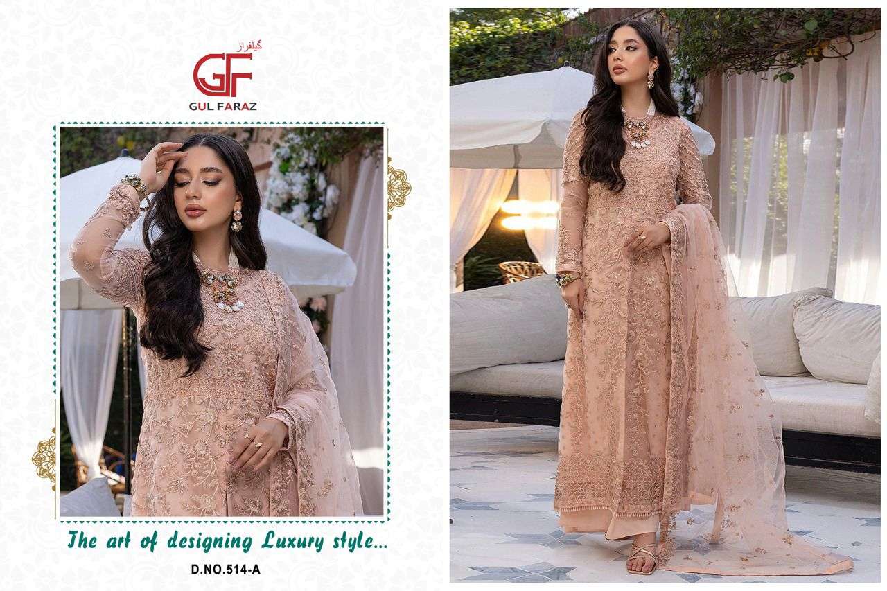 GUL FARAZ 514 COLOURS BY GUL FARAZ 514-A TO 514-D SERIES BEAUTIFUL PAKISTANI SUITS COLORFUL STYLISH FANCY CASUAL WEAR & ETHNIC WEAR NET EMBROIDERED DRESSES AT WHOLESALE PRICE
