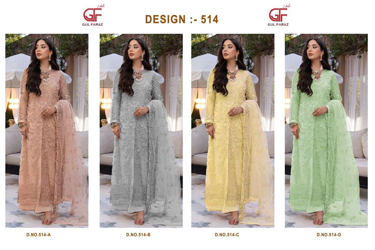 GUL FARAZ 514 COLOURS BY GUL FARAZ 514-A TO 514-D SERIES BEAUTIFUL PAKISTANI SUITS COLORFUL STYLISH FANCY CASUAL WEAR & ETHNIC WEAR NET EMBROIDERED DRESSES AT WHOLESALE PRICE