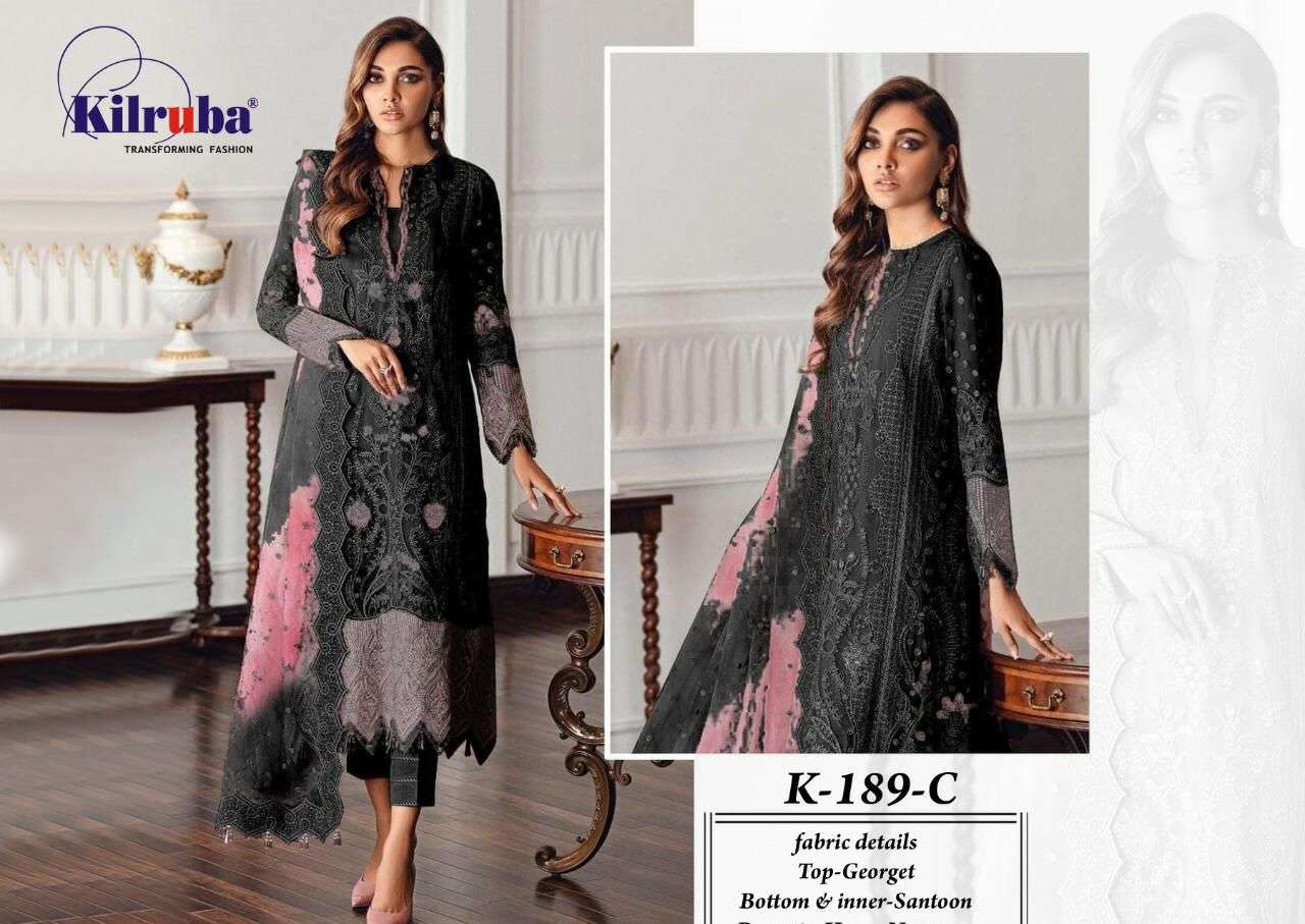 KILRUBA HIT DESIGN K-189 COLOURS BY KILRUBA K-189-B TO K-189-C SERIES DESIGNER FESTIVE PAKISTANI SUITS COLLECTION BEAUTIFUL STYLISH FANCY COLORFUL PARTY WEAR & OCCASIONAL WEAR GEORGETTE EMBROIDERED DRESSES AT WHOLESALE PRICE