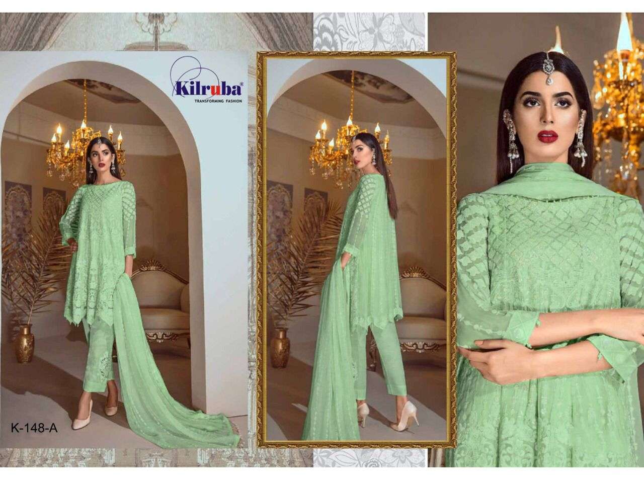 KILRUBA HIT DESIGN K-148 COLOURS BY KILRUBA K-148 TO K-148-B SERIES BEAUTIFUL STYLISH PAKISATNI SUITS FANCY COLORFUL CASUAL WEAR & ETHNIC WEAR & READY TO WEAR GEORGETTE WITH EMBROIDERY DRESSES AT WHOLESALE PRICE