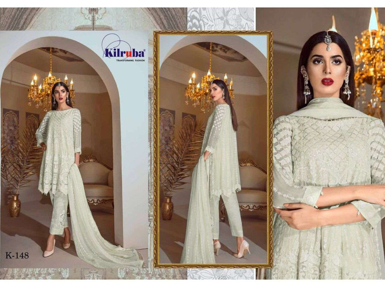 KILRUBA HIT DESIGN K-148 COLOURS BY KILRUBA K-148 TO K-148-B SERIES BEAUTIFUL STYLISH PAKISATNI SUITS FANCY COLORFUL CASUAL WEAR & ETHNIC WEAR & READY TO WEAR GEORGETTE WITH EMBROIDERY DRESSES AT WHOLESALE PRICE