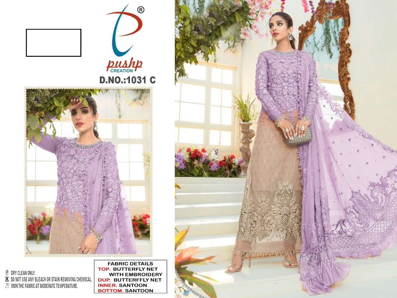 PUSHP HIT DESIGN 1031 COLOURS BY PUSHP CREATION 1031-A TO 1031-E SERIES DESIGNER PAKISTANI SUITS BEAUTIFUL STYLISH FANCY COLORFUL PARTY WEAR & OCCASIONAL WEAR NET EMBROIDERED DRESSES AT WHOLESALE PRICE