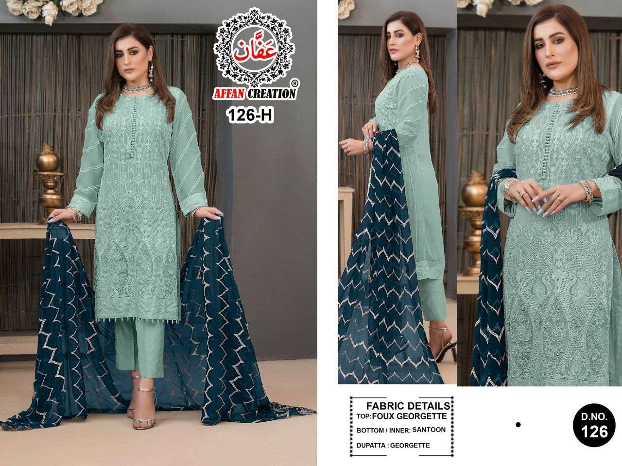 AFFAN CREATION HIT DESIGN 126 COLOURS BY AFFAN CREATION 126-E TO 126-H SERIES BEAUTIFUL PAKISTANI SUITS COLORFUL STYLISH FANCY CASUAL WEAR & ETHNIC WEAR FAUX GEORGETTE WITH EMBROIDERY DRESSES AT WHOLESALE PRICE